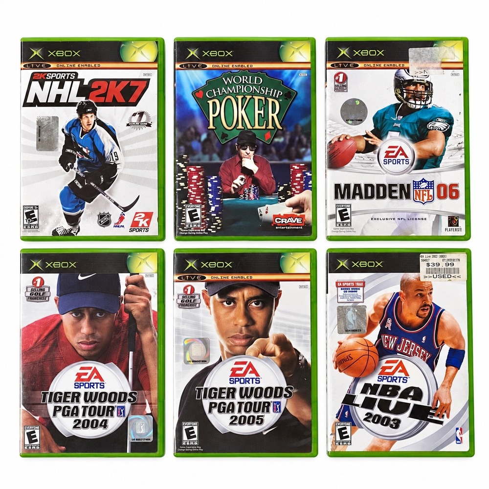 6 Original Xbox Games Lot Tiger Woods Madden NBA NHL Poker Sports CIB